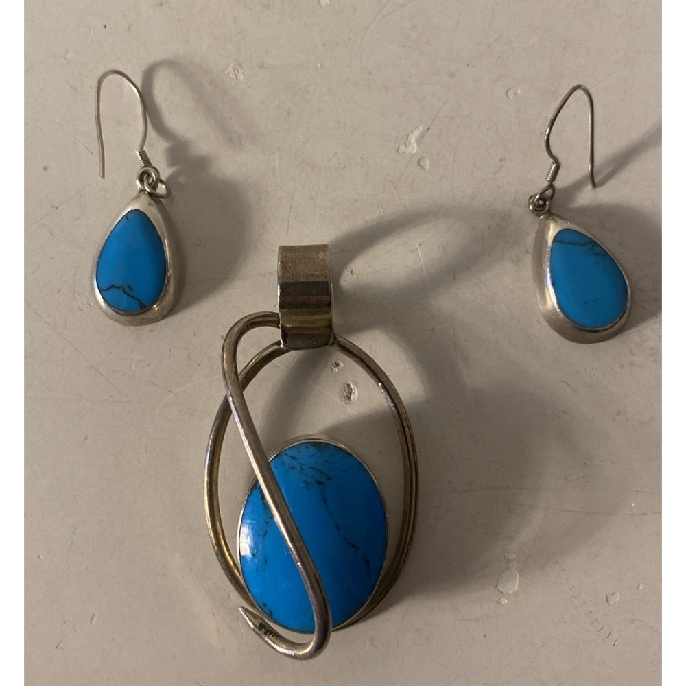 Vintage Mexico Turquoise 925 Silver Pendant And Earrings Set Tear Drop